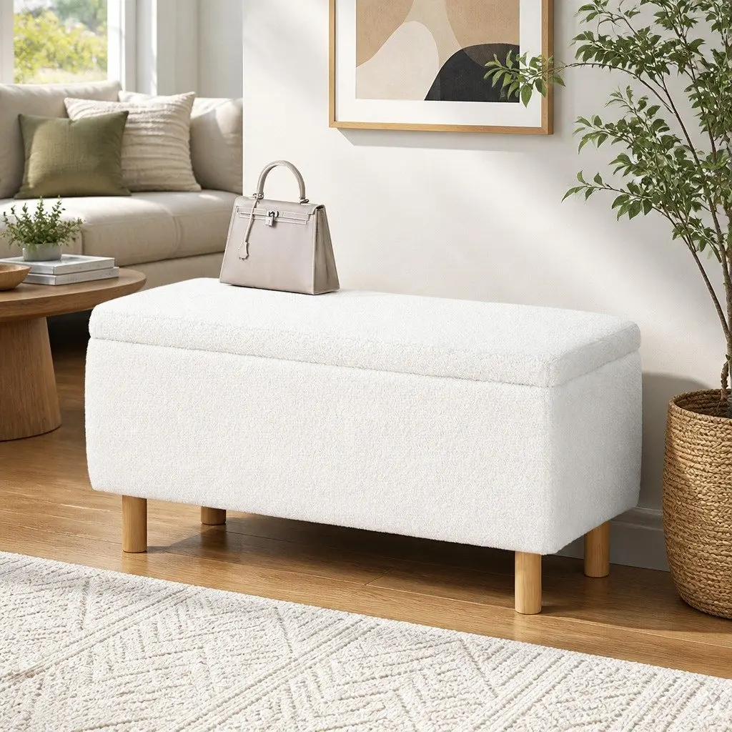 99cm White Storage Ottoman with Boucle Fabric