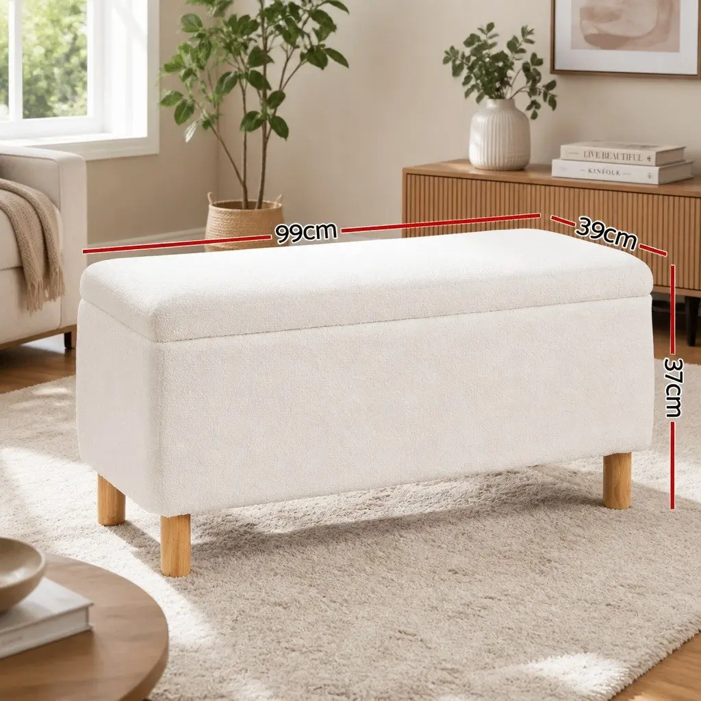 99cm White Storage Ottoman with Boucle Fabric