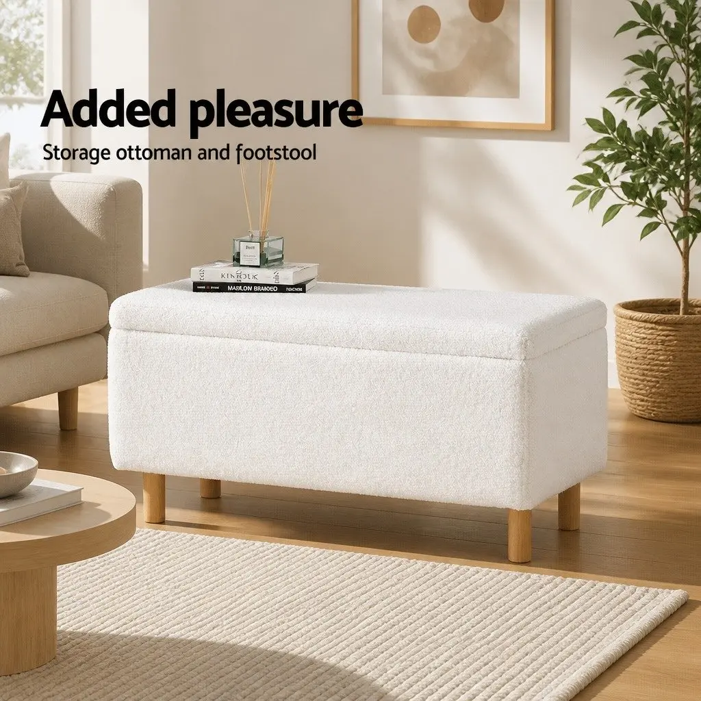 99cm White Storage Ottoman with Boucle Fabric