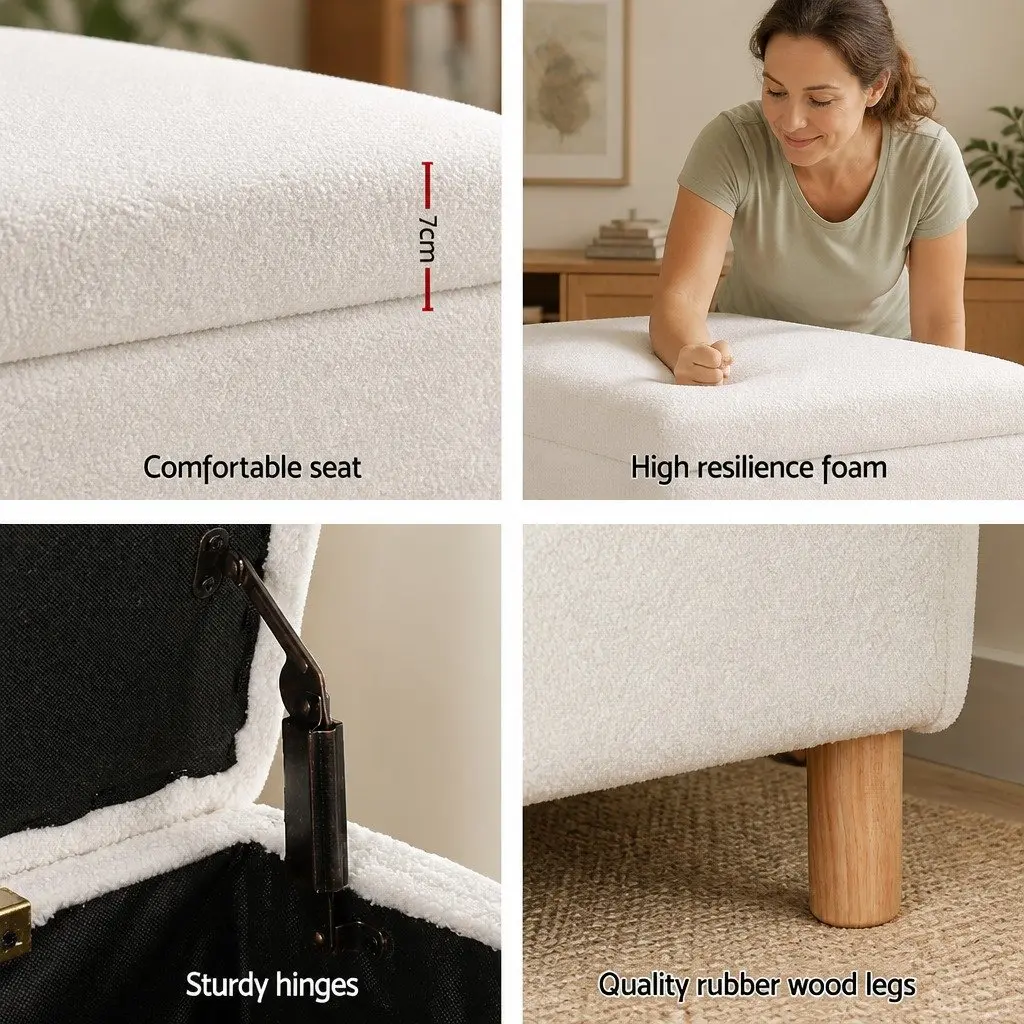 99cm White Storage Ottoman with Boucle Fabric