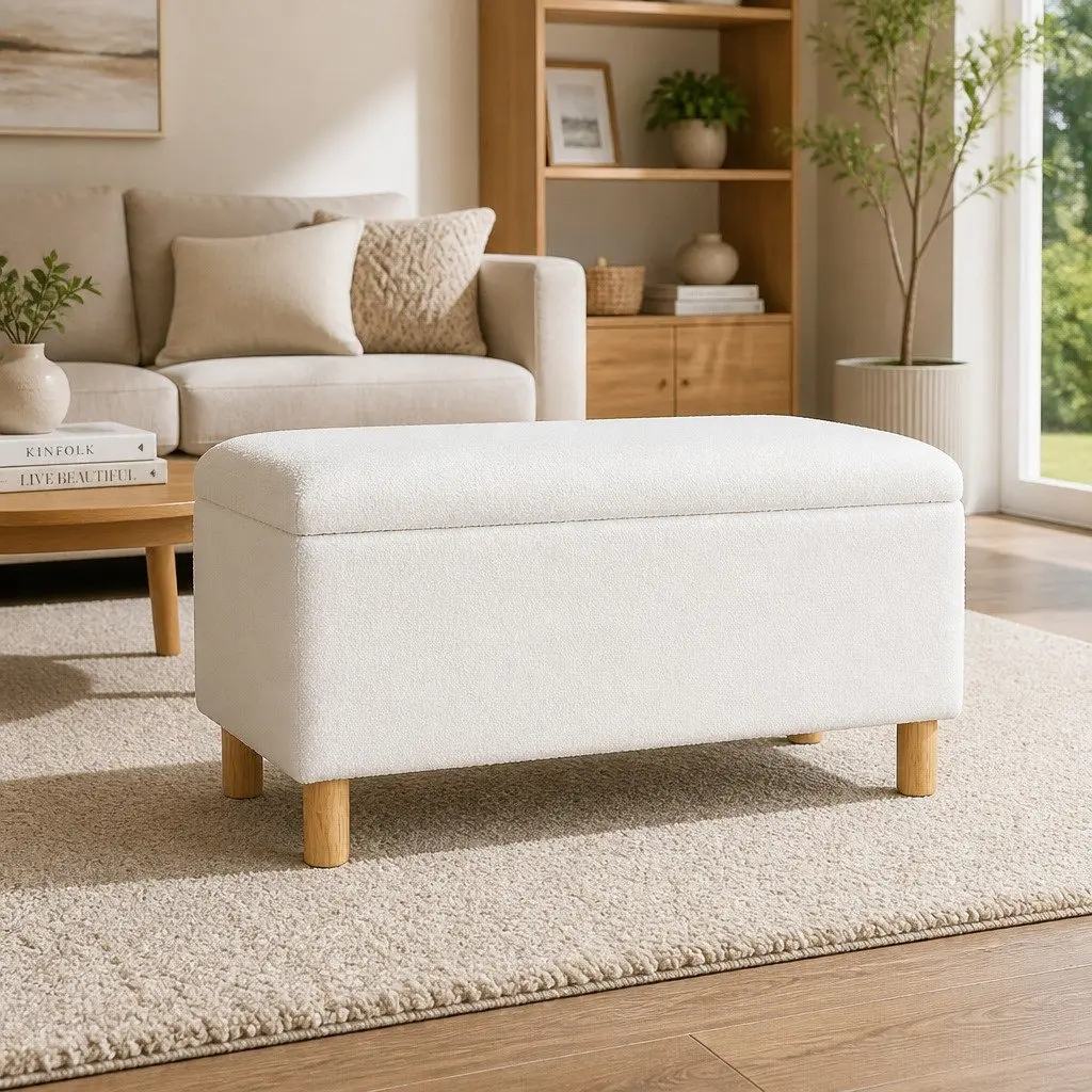 99cm White Storage Ottoman with Boucle Fabric