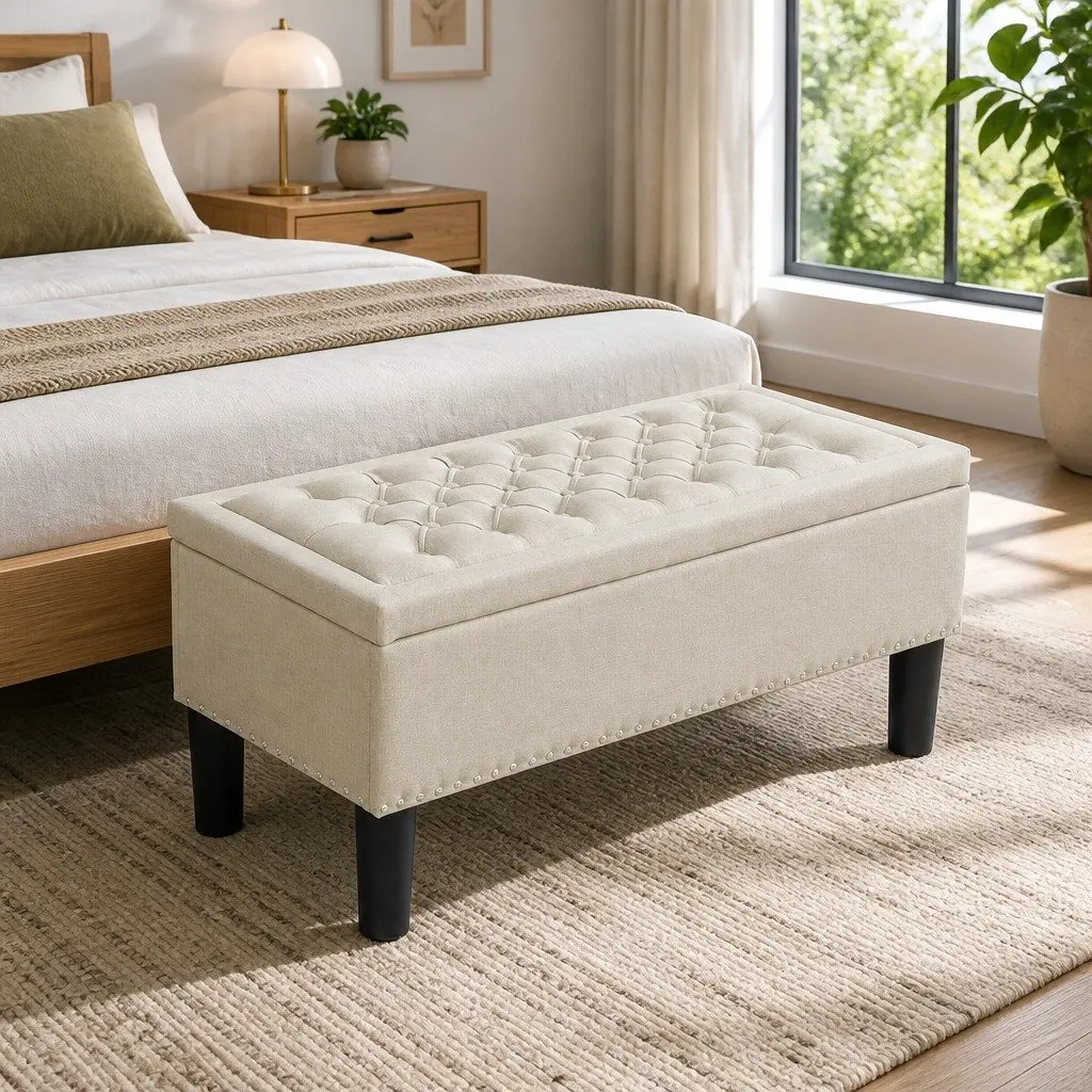 Storage Ottoman Living Room 96cm Taupe Linen Footstool Seat Lift Lid