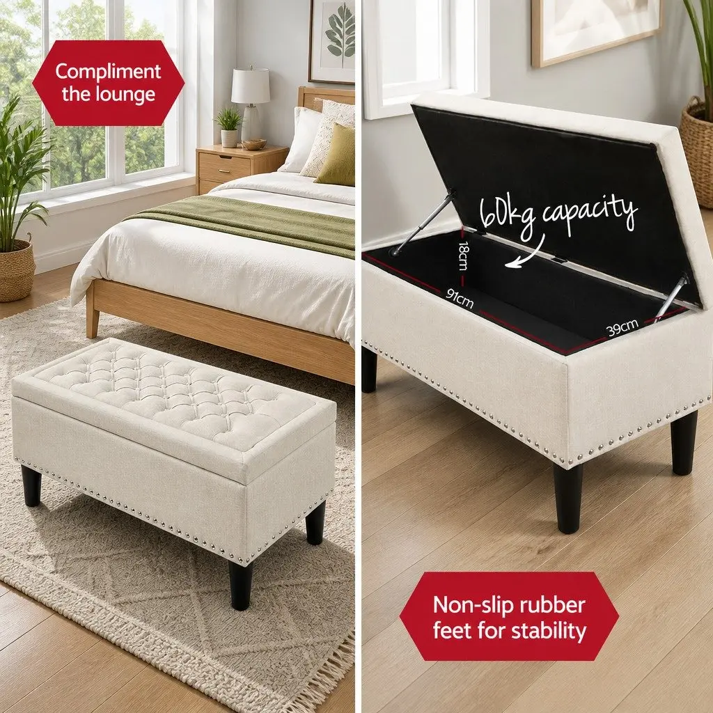 Storage Ottoman Living Room 96cm Taupe Linen Footstool Seat Lift Lid
