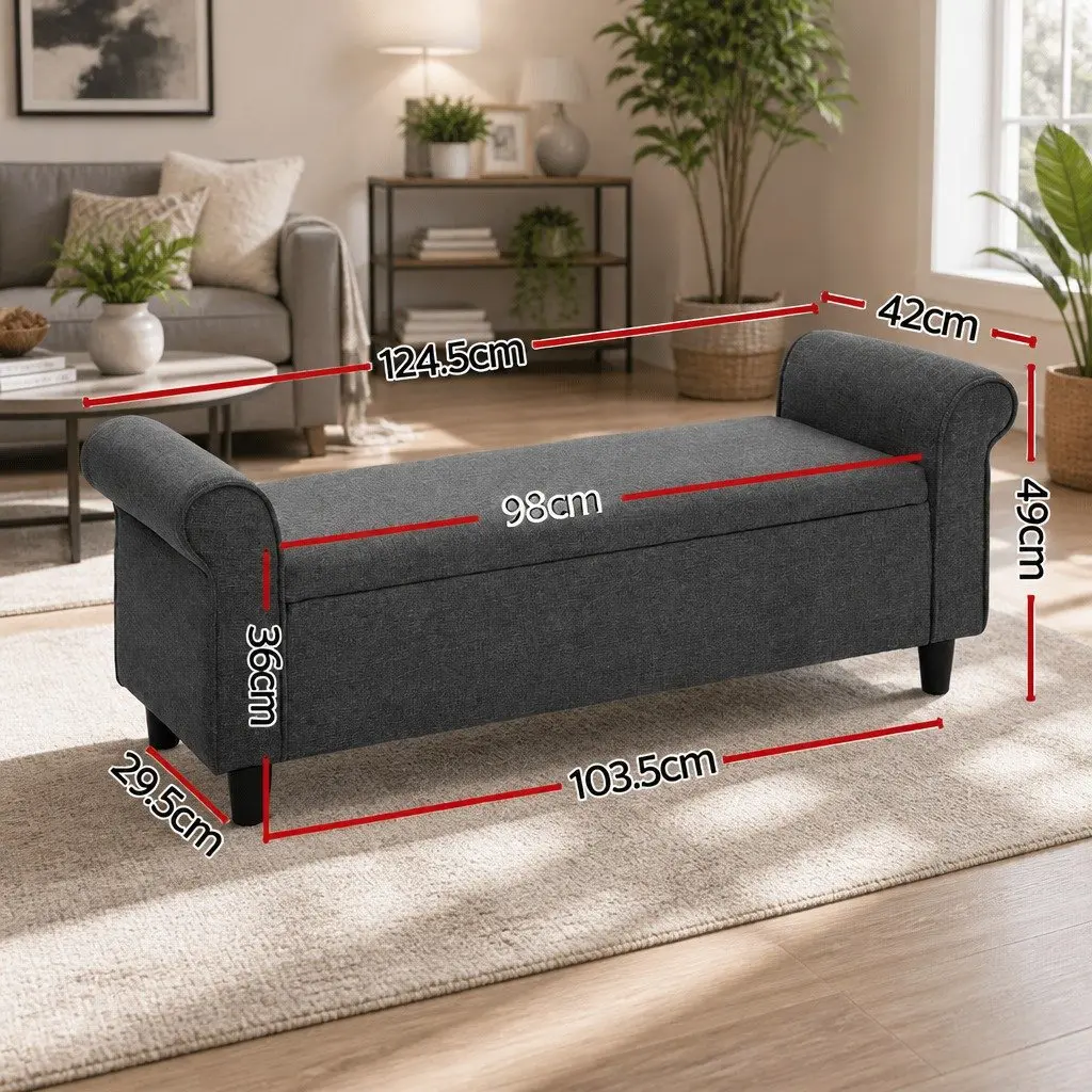 Storage Ottoman Living Room 125cm Grey Armrest Lift-up Lid Linen Footstool