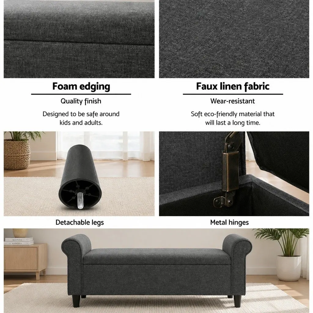 Storage Ottoman Living Room 125cm Grey Armrest Lift-up Lid Linen Footstool
