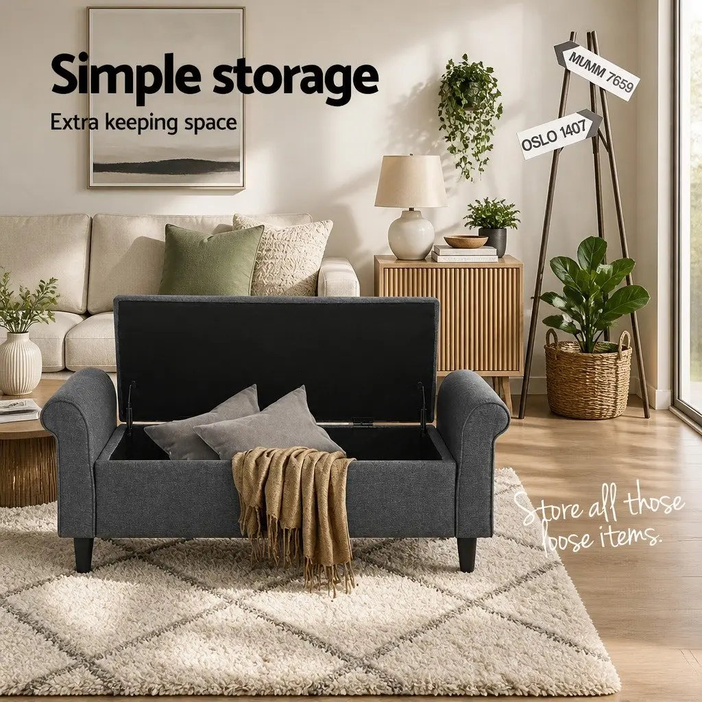 Storage Ottoman Living Room 125cm Grey Armrest Lift-up Lid Linen Footstool
