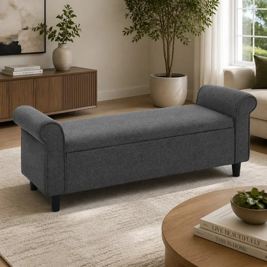 Storage Ottoman Living Room 125cm Grey Armrest Lift-up Lid Linen Footstool