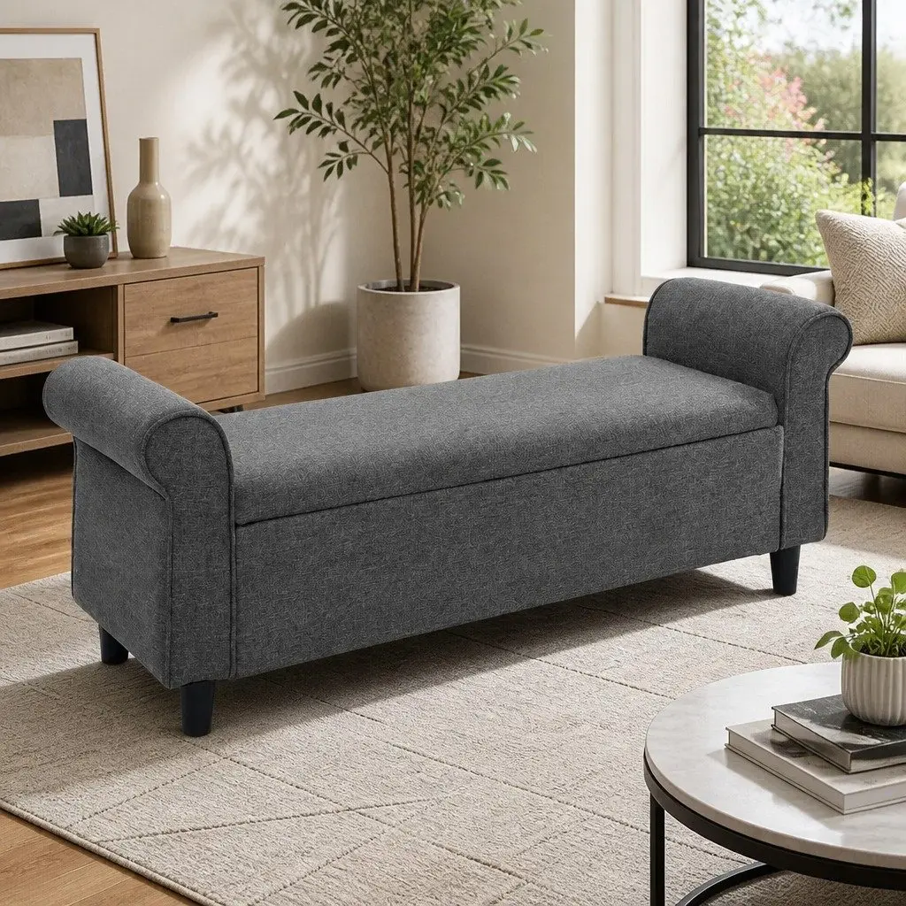 Storage Ottoman Living Room 125cm Grey Armrest Lift-up Lid Linen Footstool