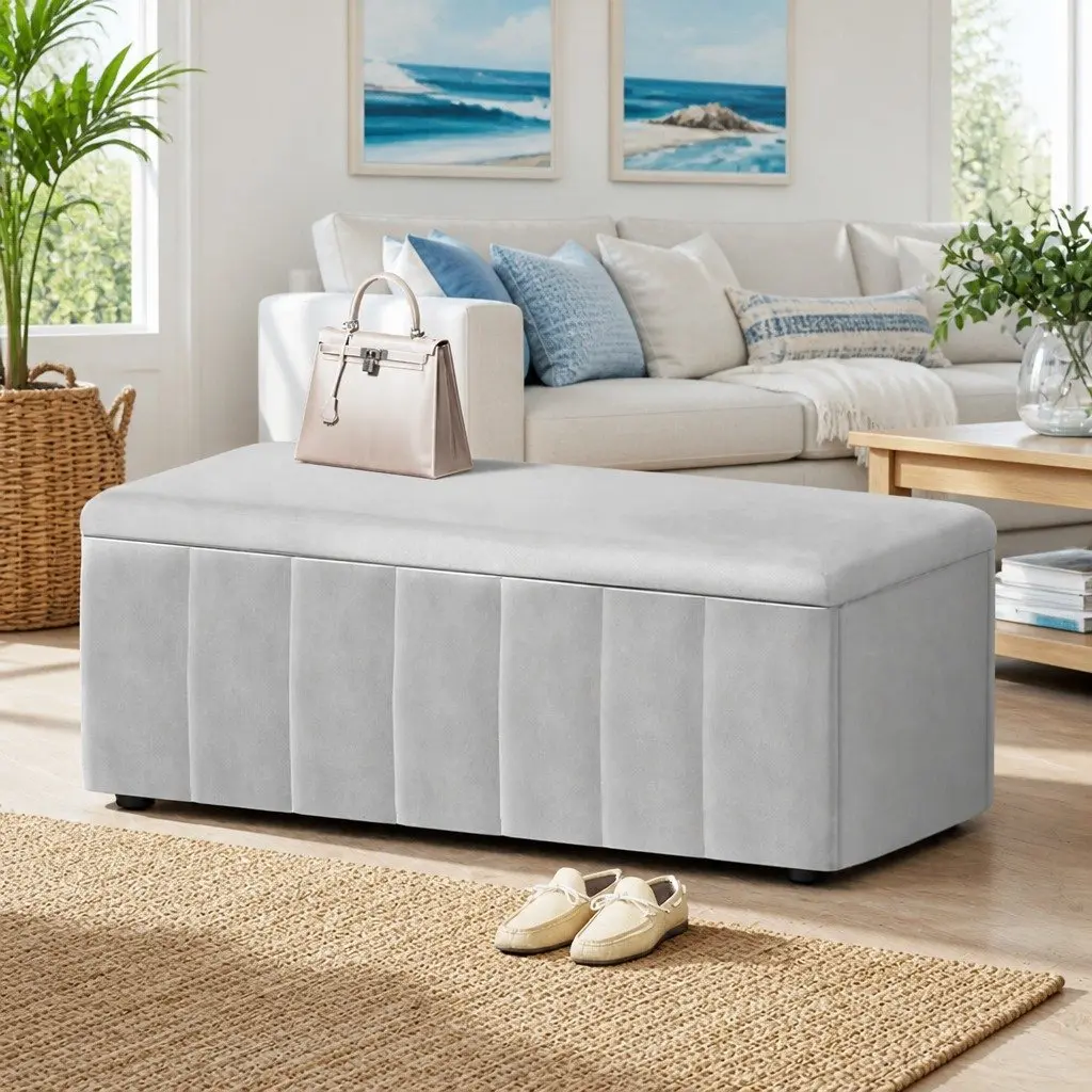 Grey Velvet Storage Ottoman 103cm