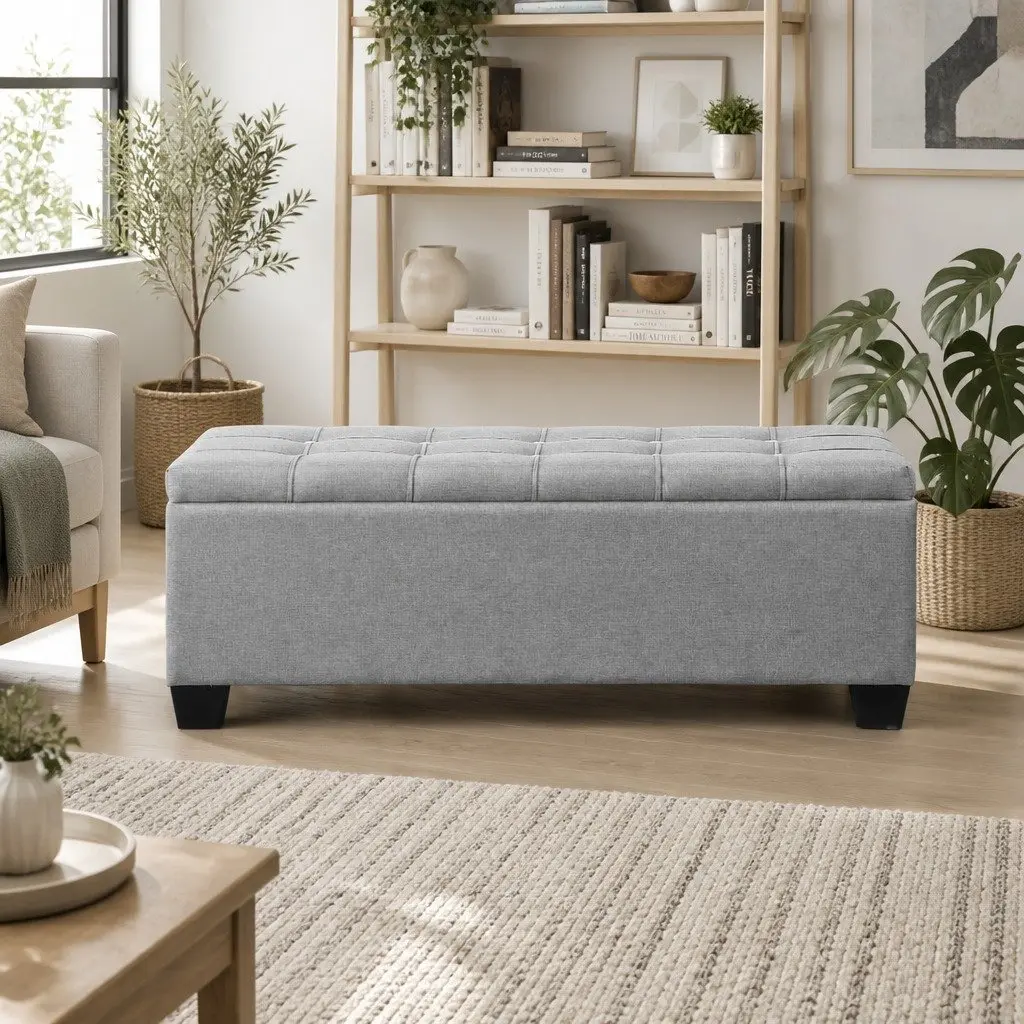 Storage Ottoman Blanket Box 97cm Button Tufted Light Grey Lift-Up Lid Footstool
