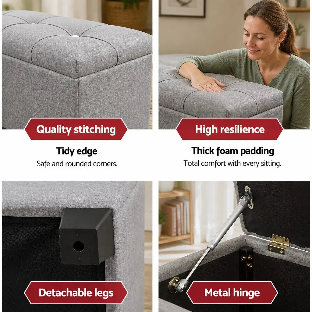 Storage Ottoman Blanket Box 97cm Button Tufted Light Grey Lift-Up Lid Footstool