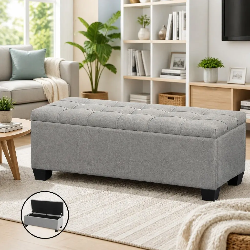 Storage Ottoman Blanket Box 97cm Button Tufted Light Grey Lift-Up Lid Footstool