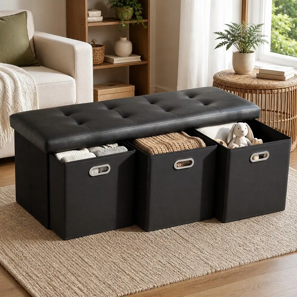 Black Storage Ottoman Footstool