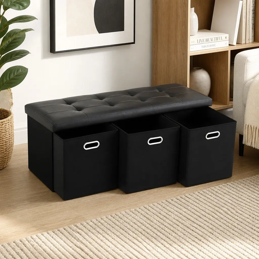 Storage Ottoman Footstool for Living Room with 3 Cube Drawers Foldable Black