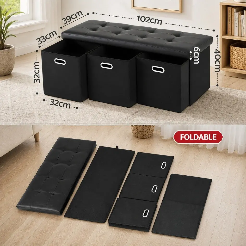 Storage Ottoman Footstool for Living Room with 3 Cube Drawers Foldable Black
