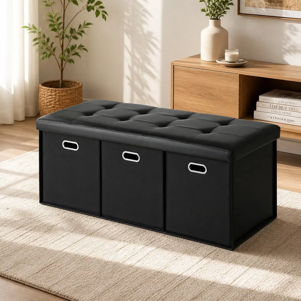 Storage Ottoman Footstool for Living Room with 3 Cube Drawers Foldable Black