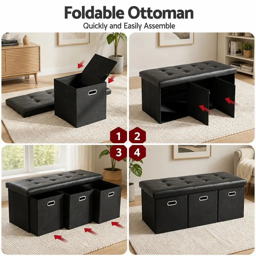 Storage Ottoman Footstool for Living Room with 3 Cube Drawers Foldable Black