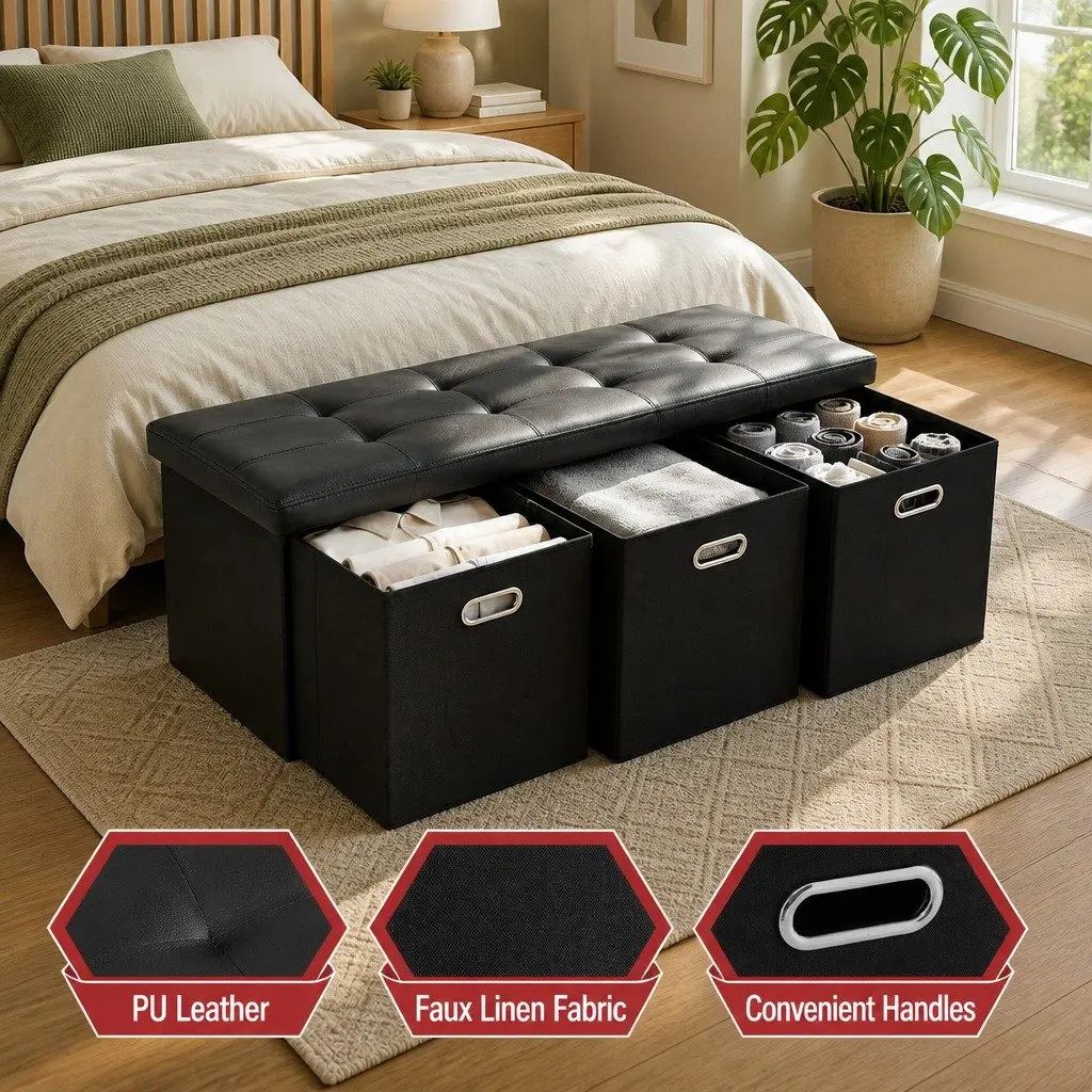 Storage Ottoman Footstool for Living Room with 3 Cube Drawers Foldable Black