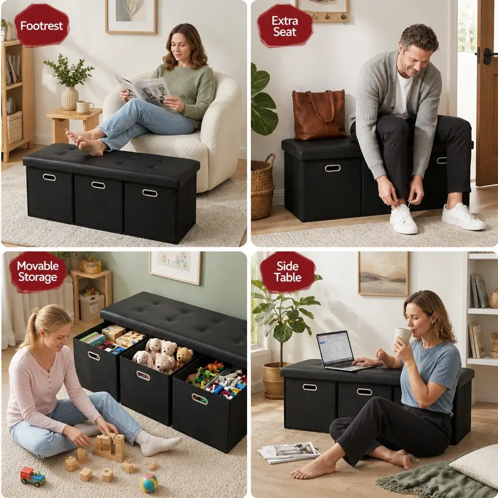Storage Ottoman Footstool for Living Room with 3 Cube Drawers Foldable Black
