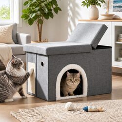Grey Storage Ottoman with Cat Litter Box Features