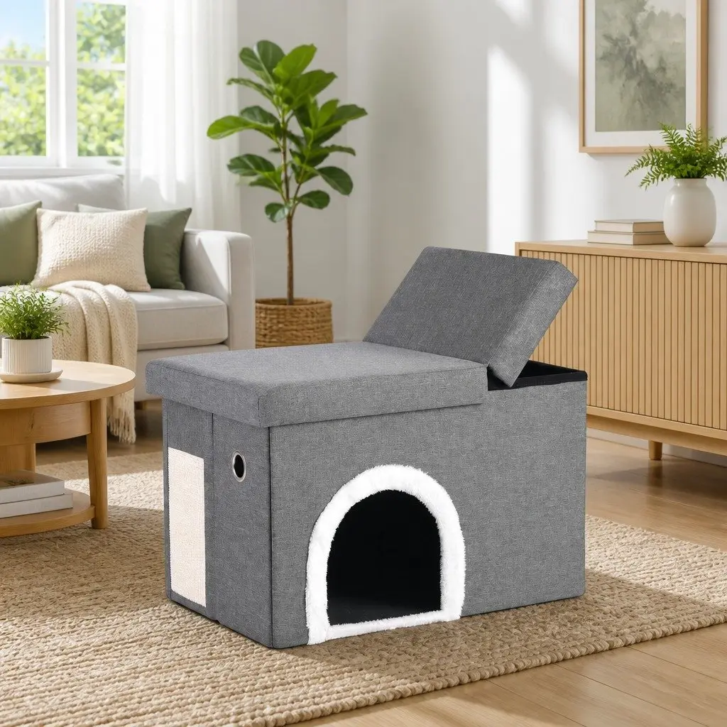 Storage Ottoman Footstool Cat Litter Box Enclosure Foldable Grey Living Room
