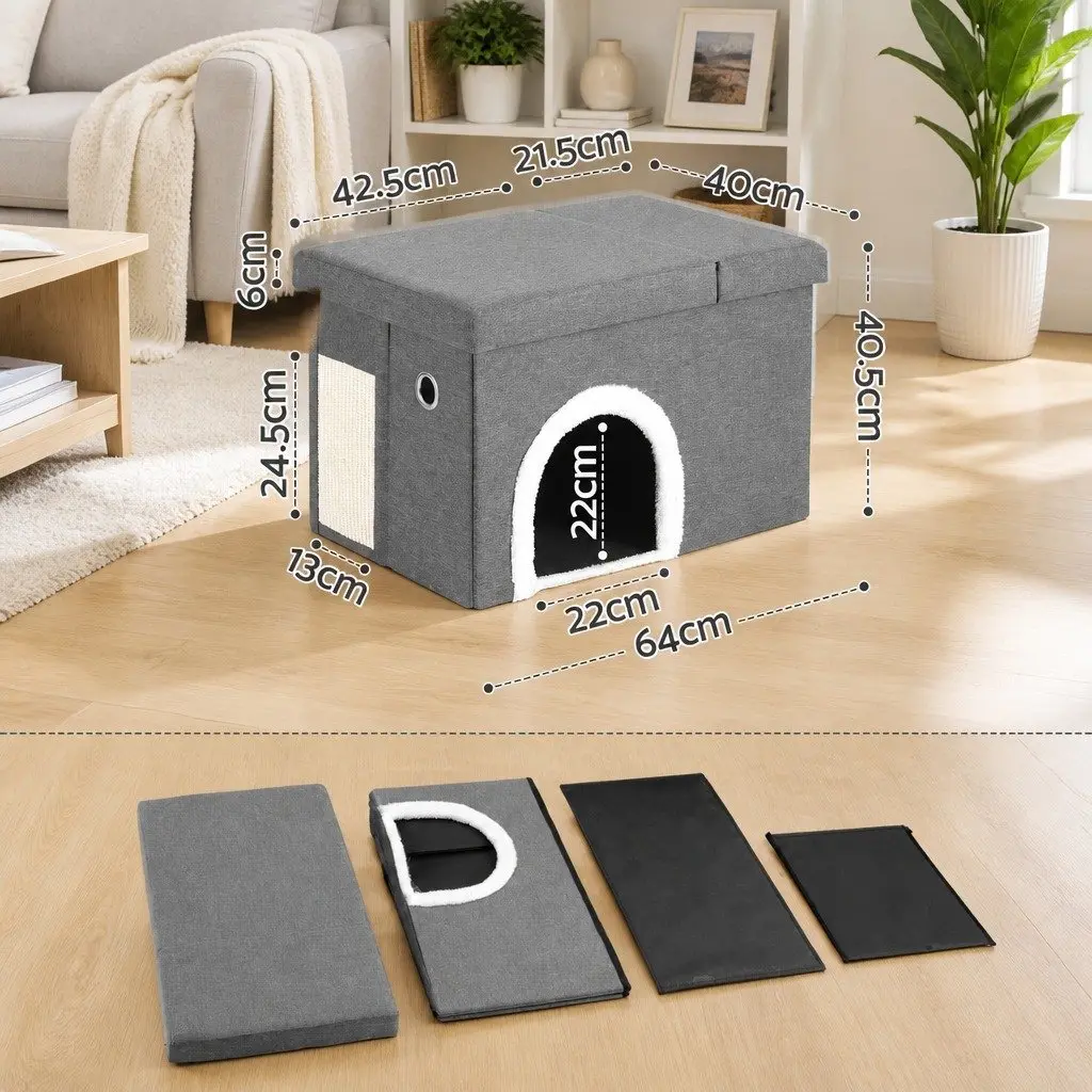 Storage Ottoman Footstool Cat Litter Box Enclosure Foldable Grey Living Room