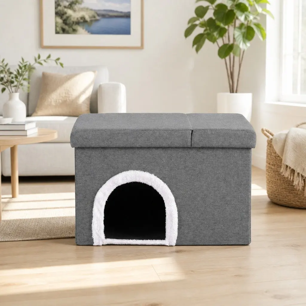 Storage Ottoman Footstool Cat Litter Box Enclosure Foldable Grey Living Room
