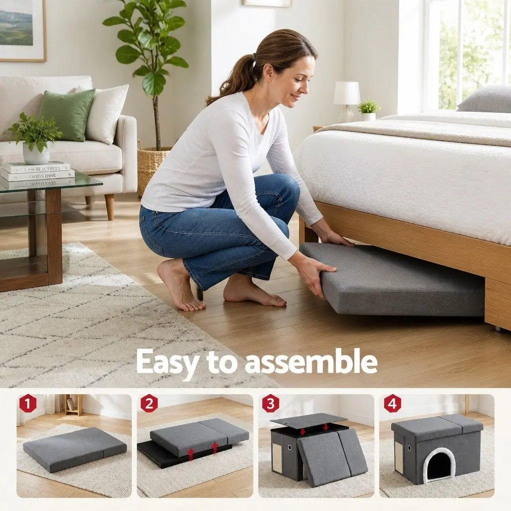 Storage Ottoman Footstool Cat Litter Box Enclosure Foldable Grey Living Room