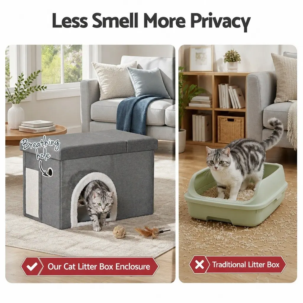 Storage Ottoman Footstool Cat Litter Box Enclosure Foldable Grey Living Room