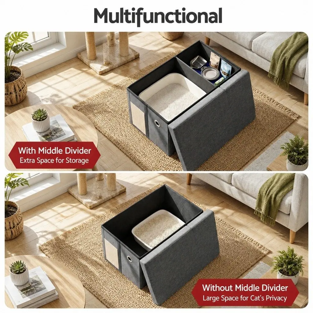 Storage Ottoman Footstool Cat Litter Box Enclosure Foldable Grey Living Room