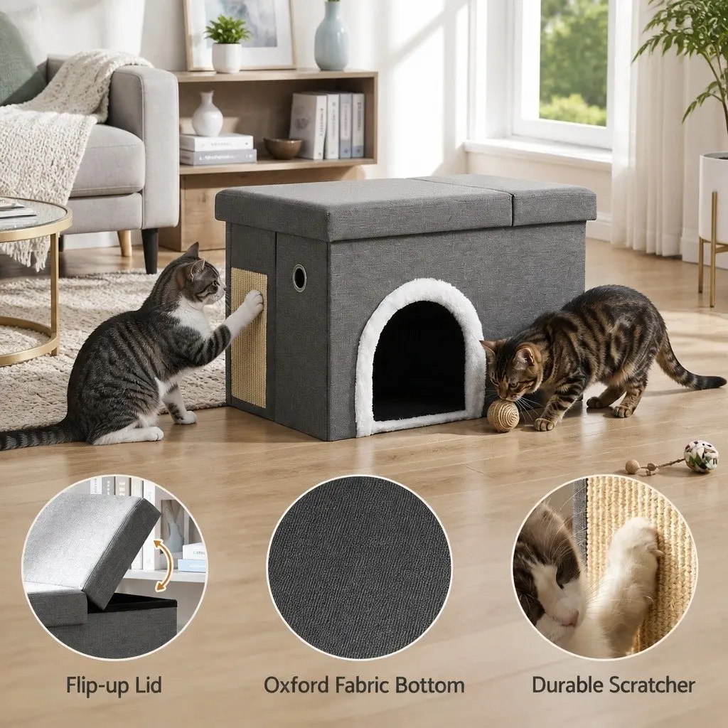 Storage Ottoman Footstool Cat Litter Box Enclosure Foldable Grey Living Room