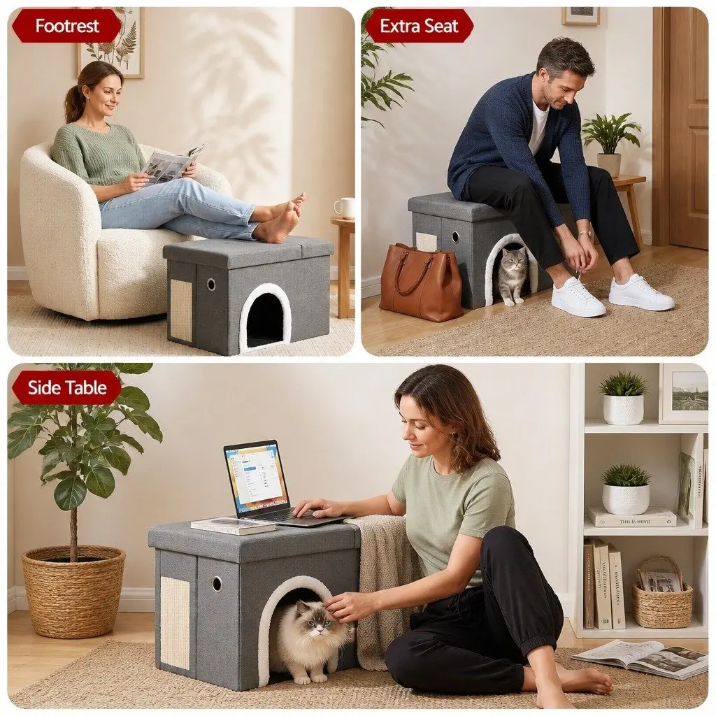 Storage Ottoman Footstool Cat Litter Box Enclosure Foldable Grey Living Room