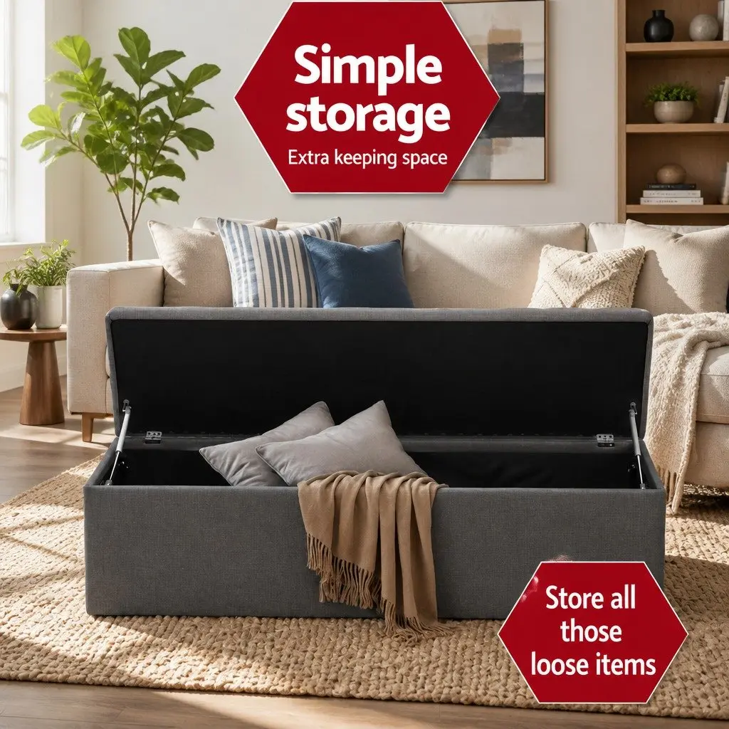 Storage Ottoman Living Room 140cm Dark Grey Linen Lift-Up Lid Footstool