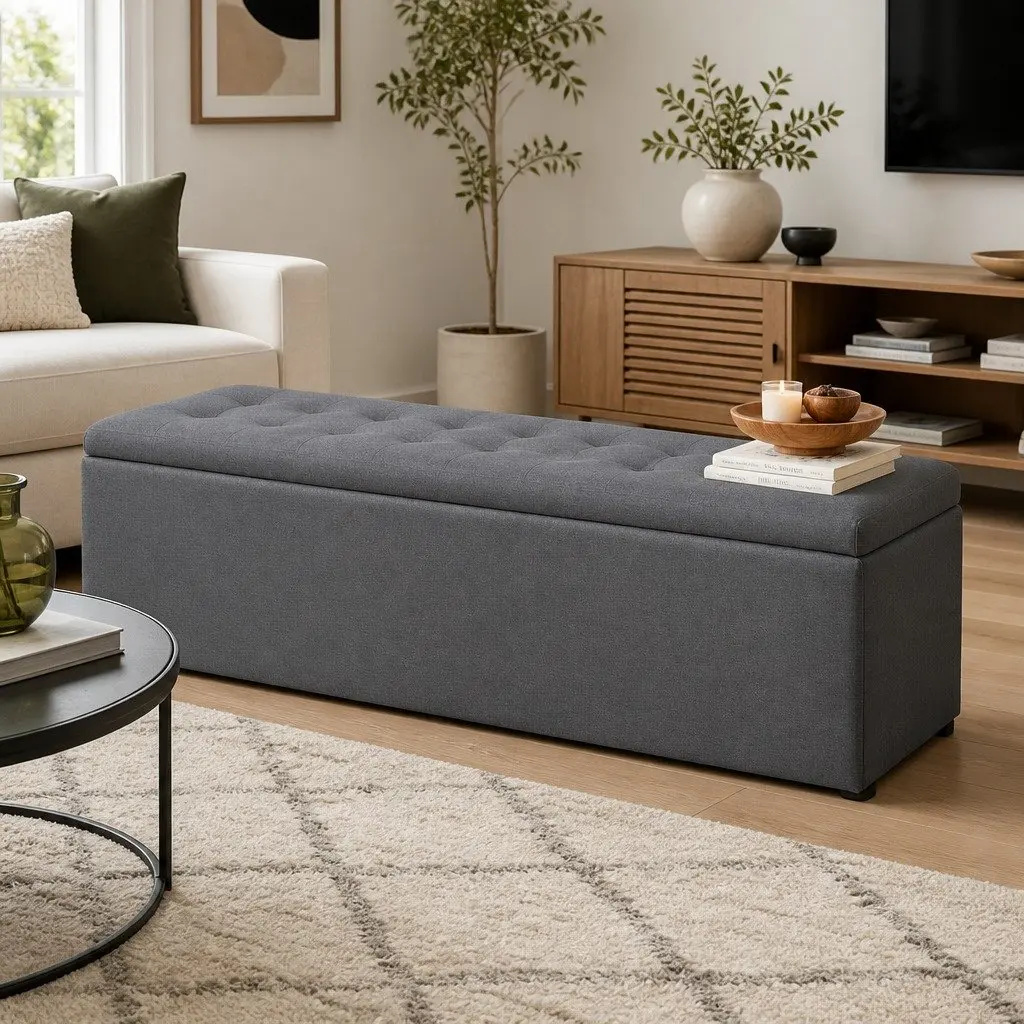 Storage Ottoman Living Room 140cm Dark Grey Linen Lift-Up Lid Footstool