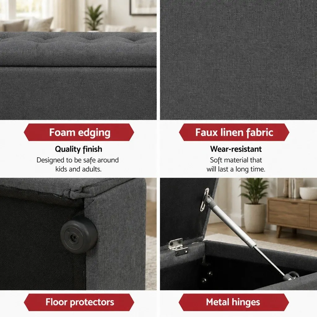 Storage Ottoman Living Room 140cm Dark Grey Linen Lift-Up Lid Footstool