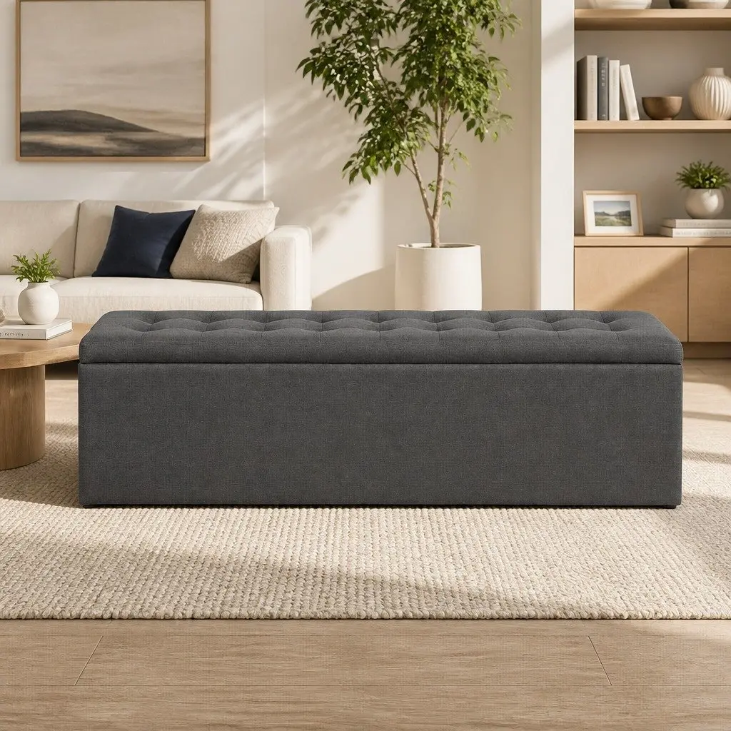 Storage Ottoman Living Room 140cm Dark Grey Linen Lift-Up Lid Footstool
