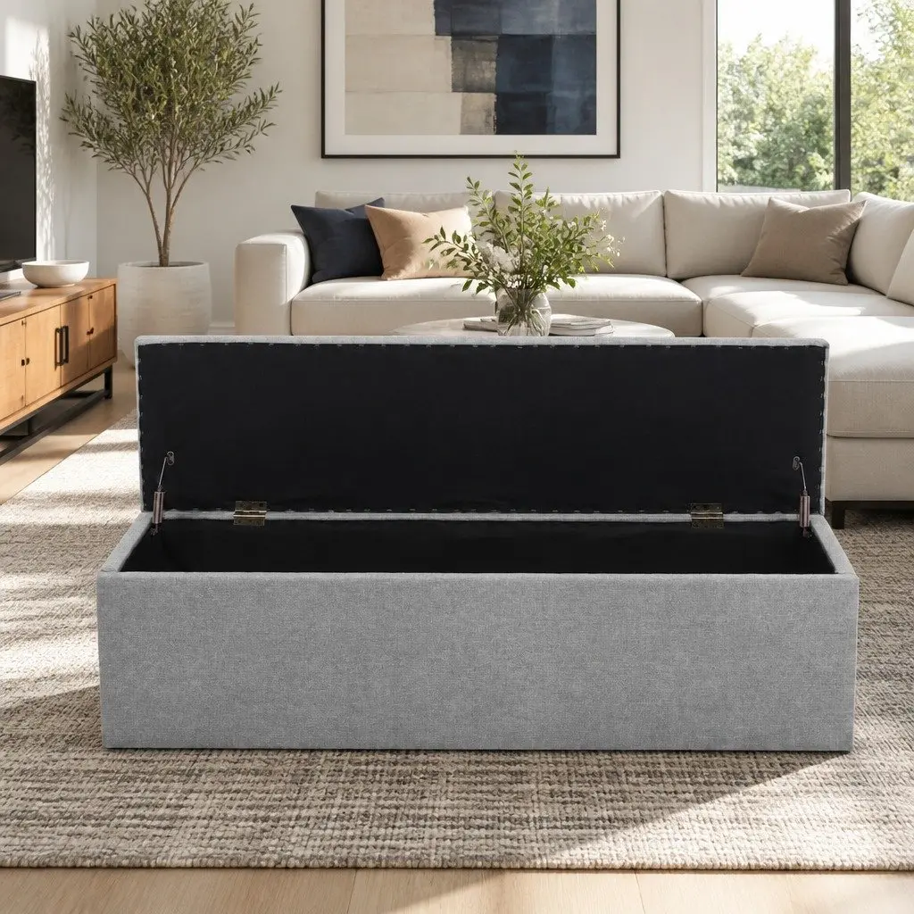 Storage Ottoman Blanket Box 140cm Grey Linen Lift-Up Lid Furniture Footstool