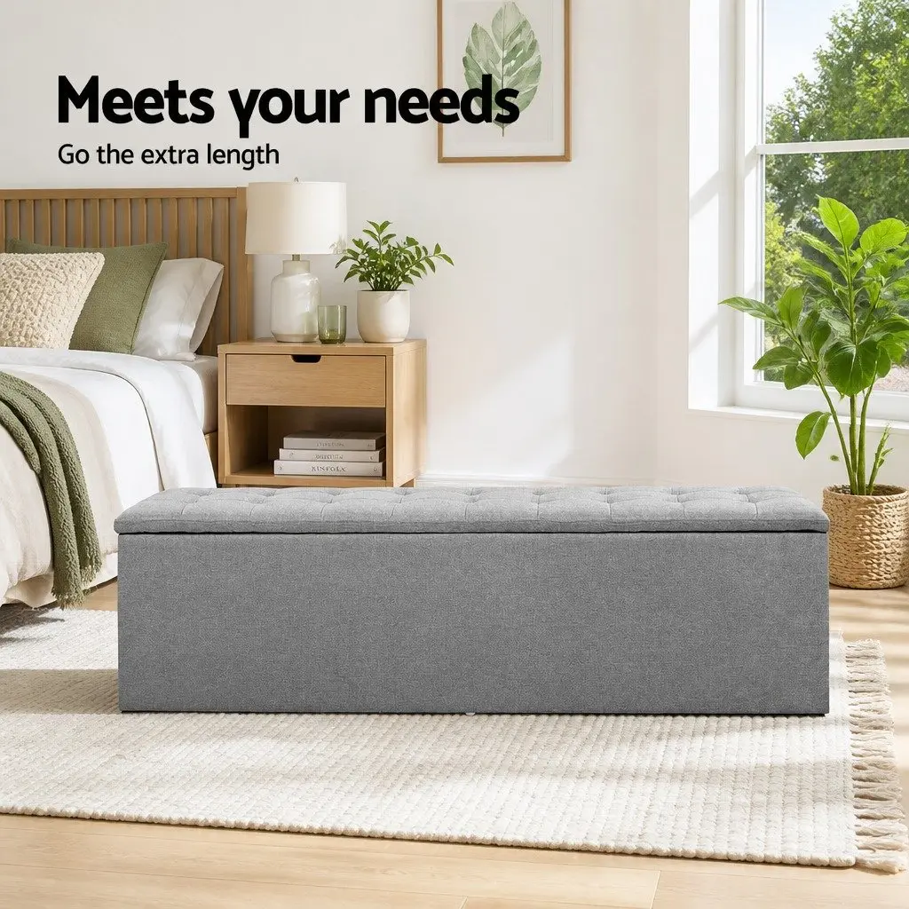 Storage Ottoman Blanket Box 140cm Grey Linen Lift-Up Lid Furniture Footstool