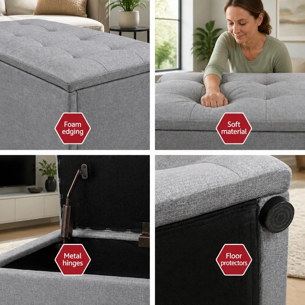 Storage Ottoman Blanket Box 140cm Grey Linen Lift-Up Lid Furniture Footstool
