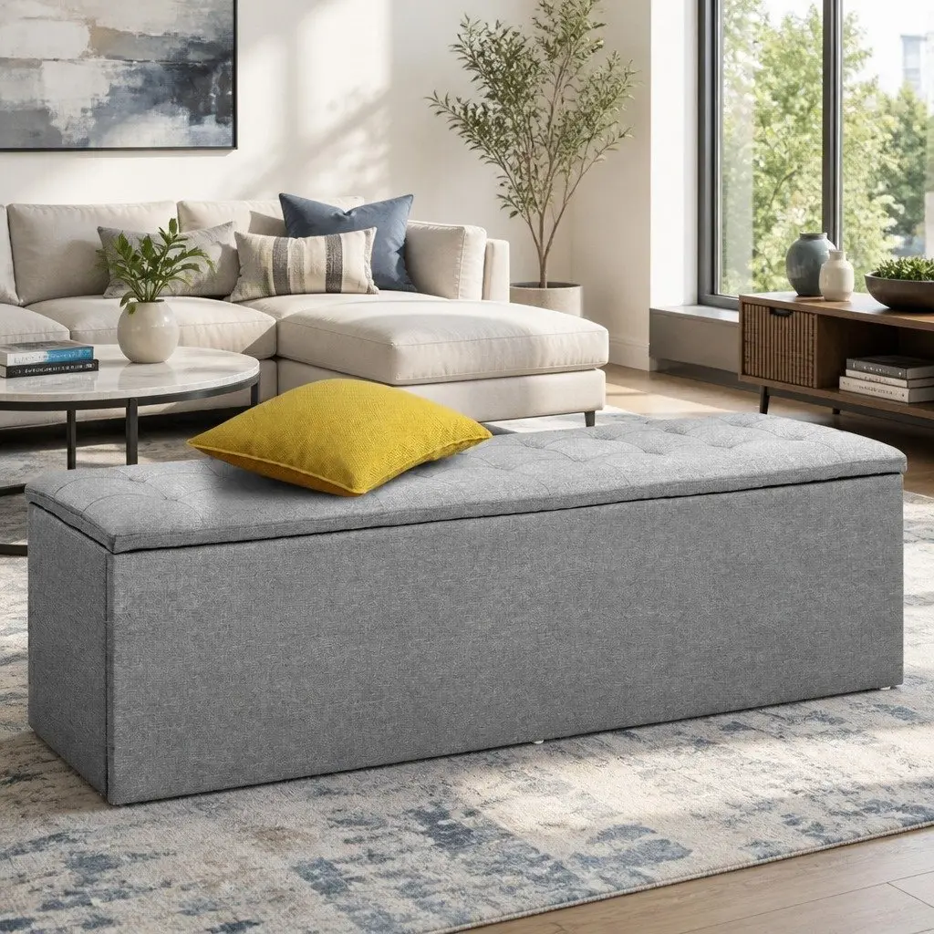 Storage Ottoman Blanket Box 140cm Grey Linen Lift-Up Lid Furniture Footstool