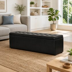 140cm Black Faux Leather Storage Ottoman Dimensions and Specs