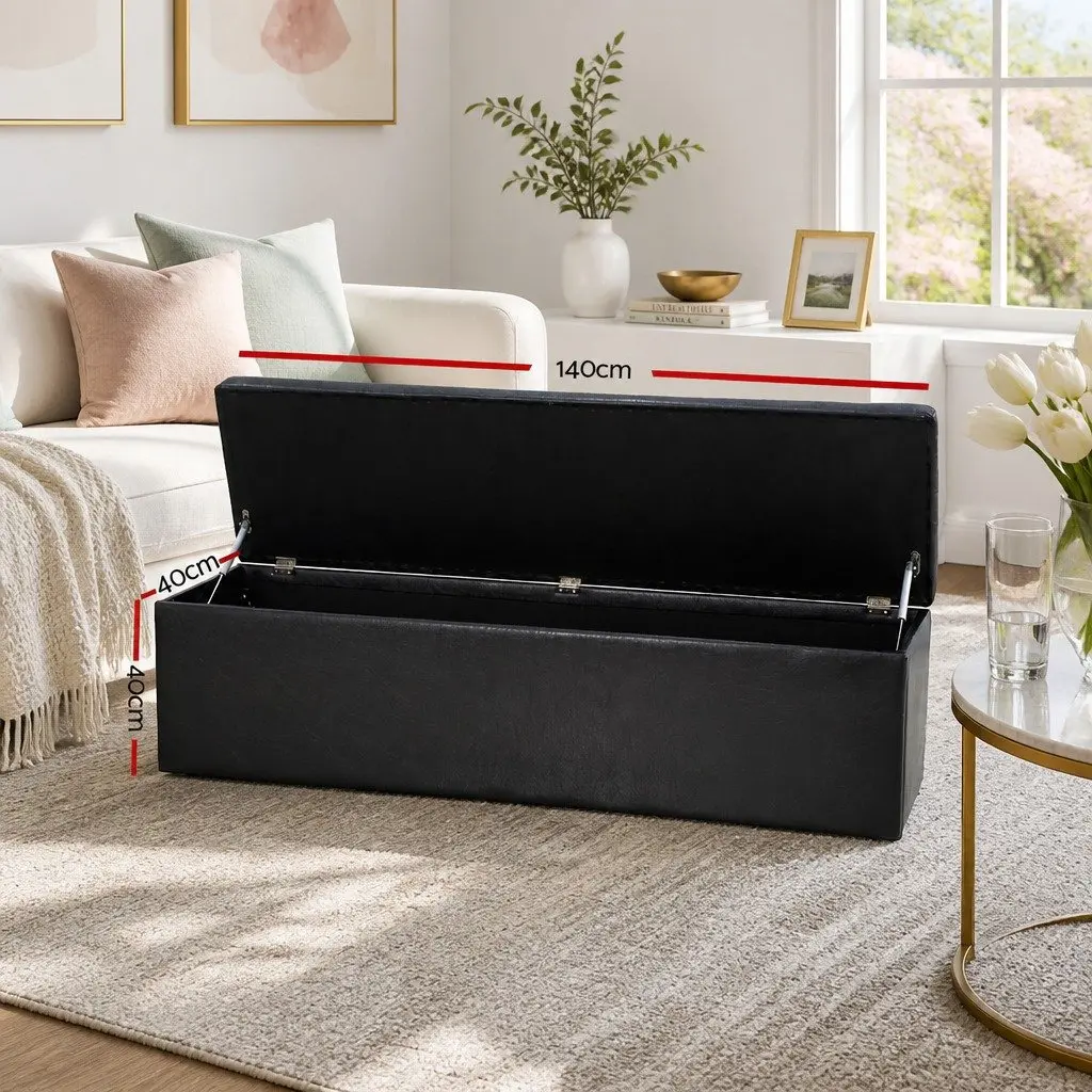 Storage Ottoman Living Room 140cm Black Faux Leather Lift-Up Lid Footstool