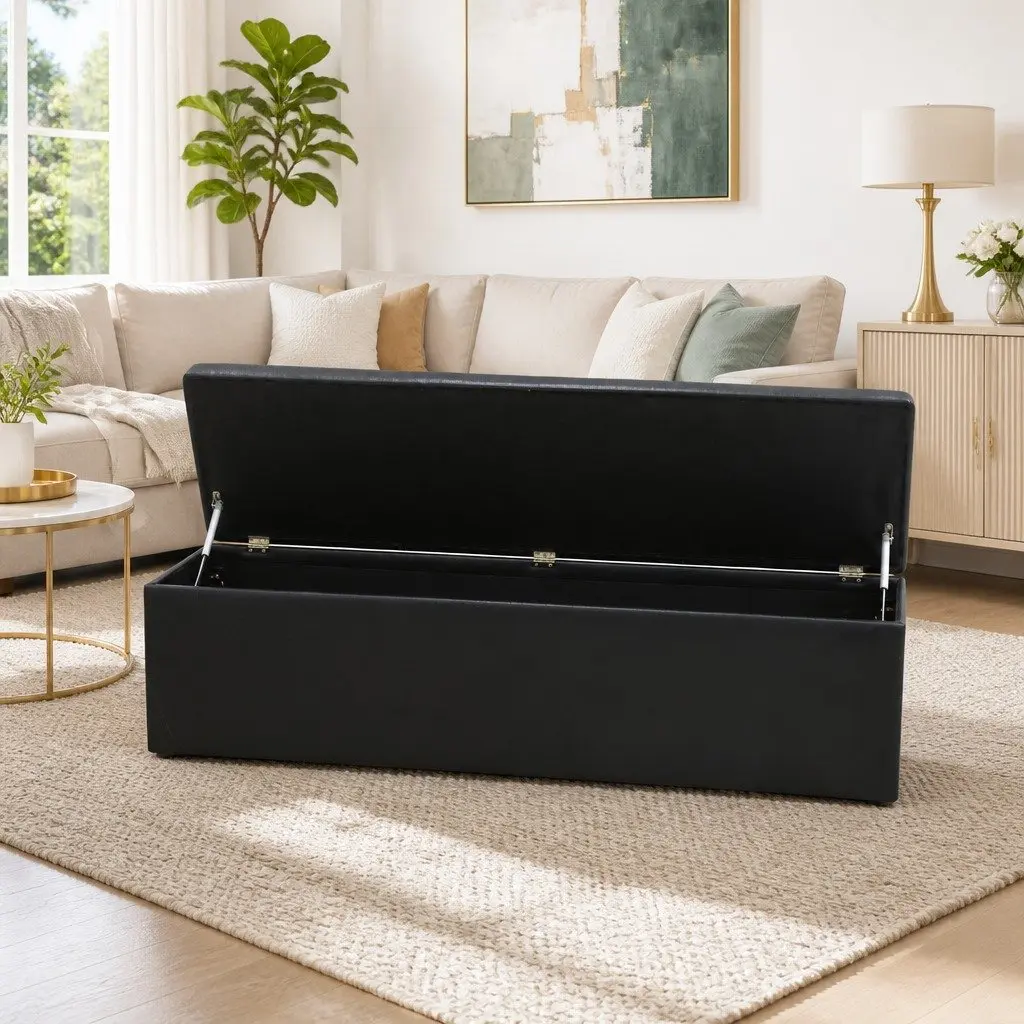 Storage Ottoman Living Room 140cm Black Faux Leather Lift-Up Lid Footstool