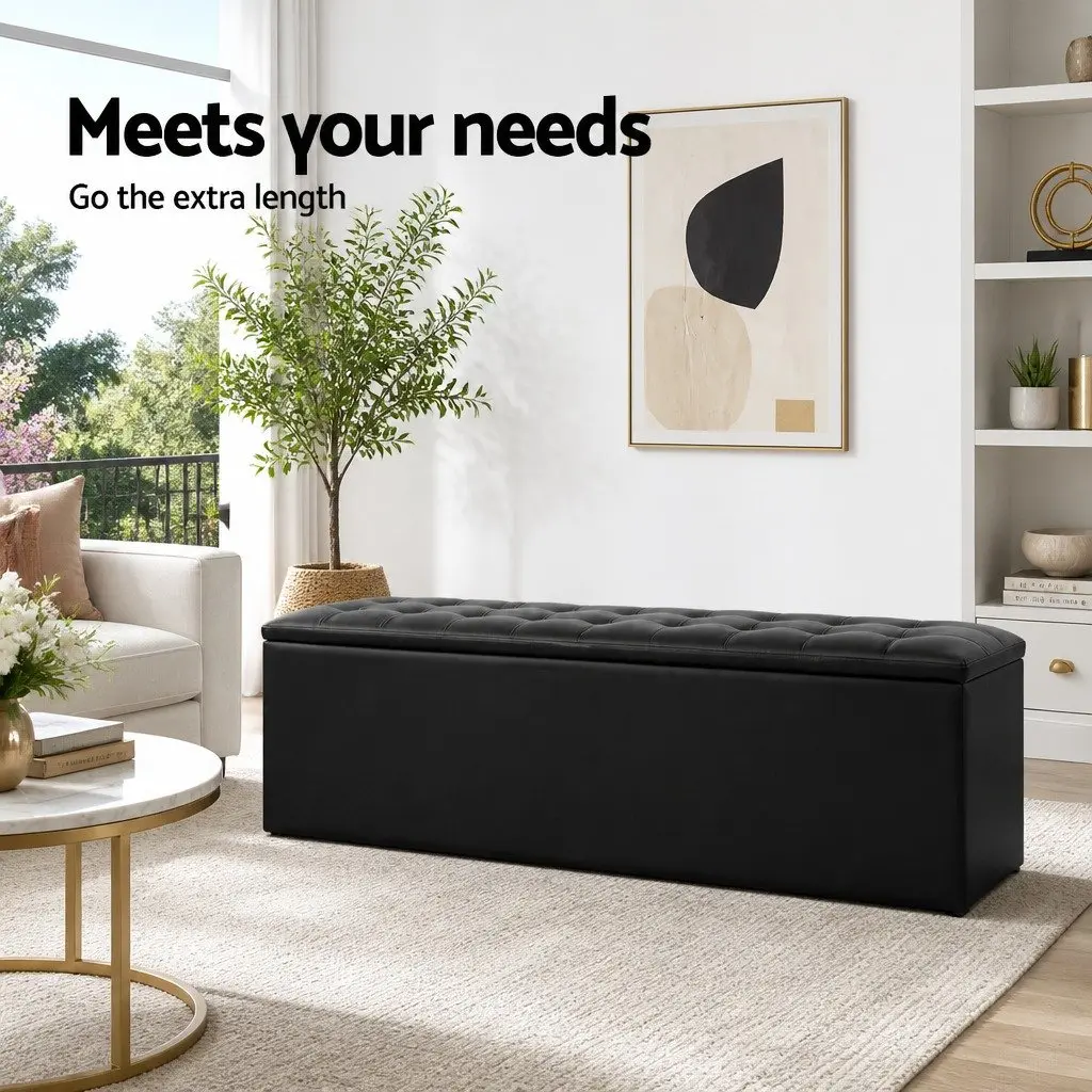 Storage Ottoman Living Room 140cm Black Faux Leather Lift-Up Lid Footstool