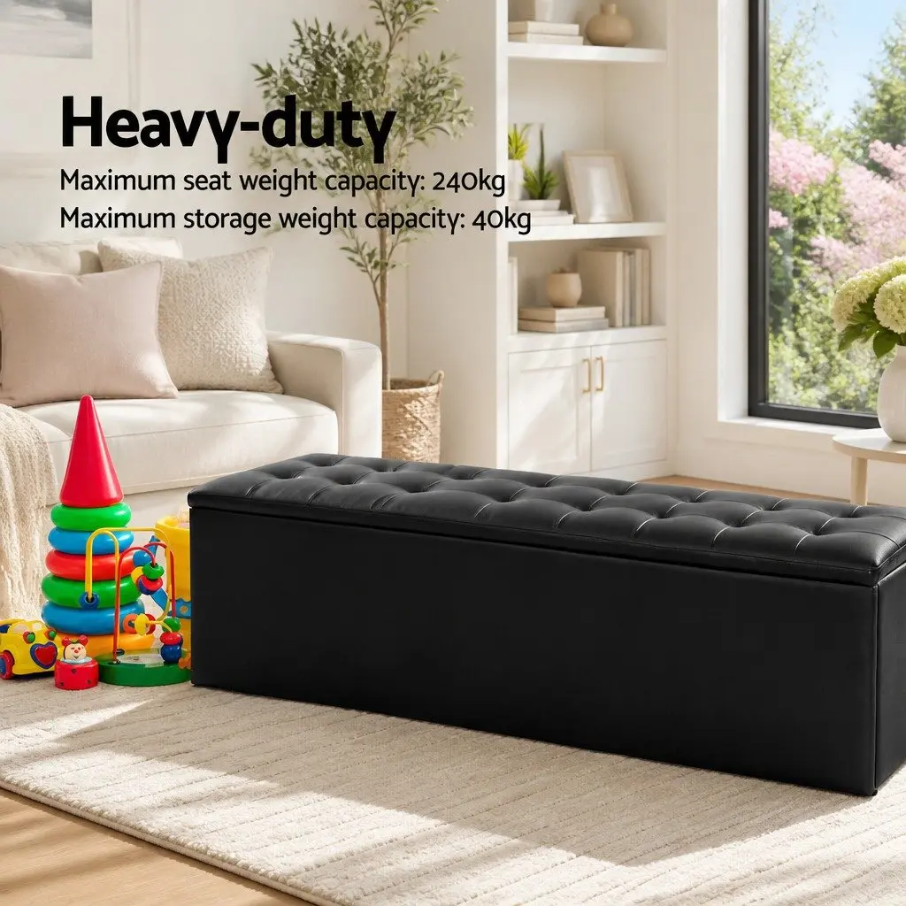 Storage Ottoman Living Room 140cm Black Faux Leather Lift-Up Lid Footstool