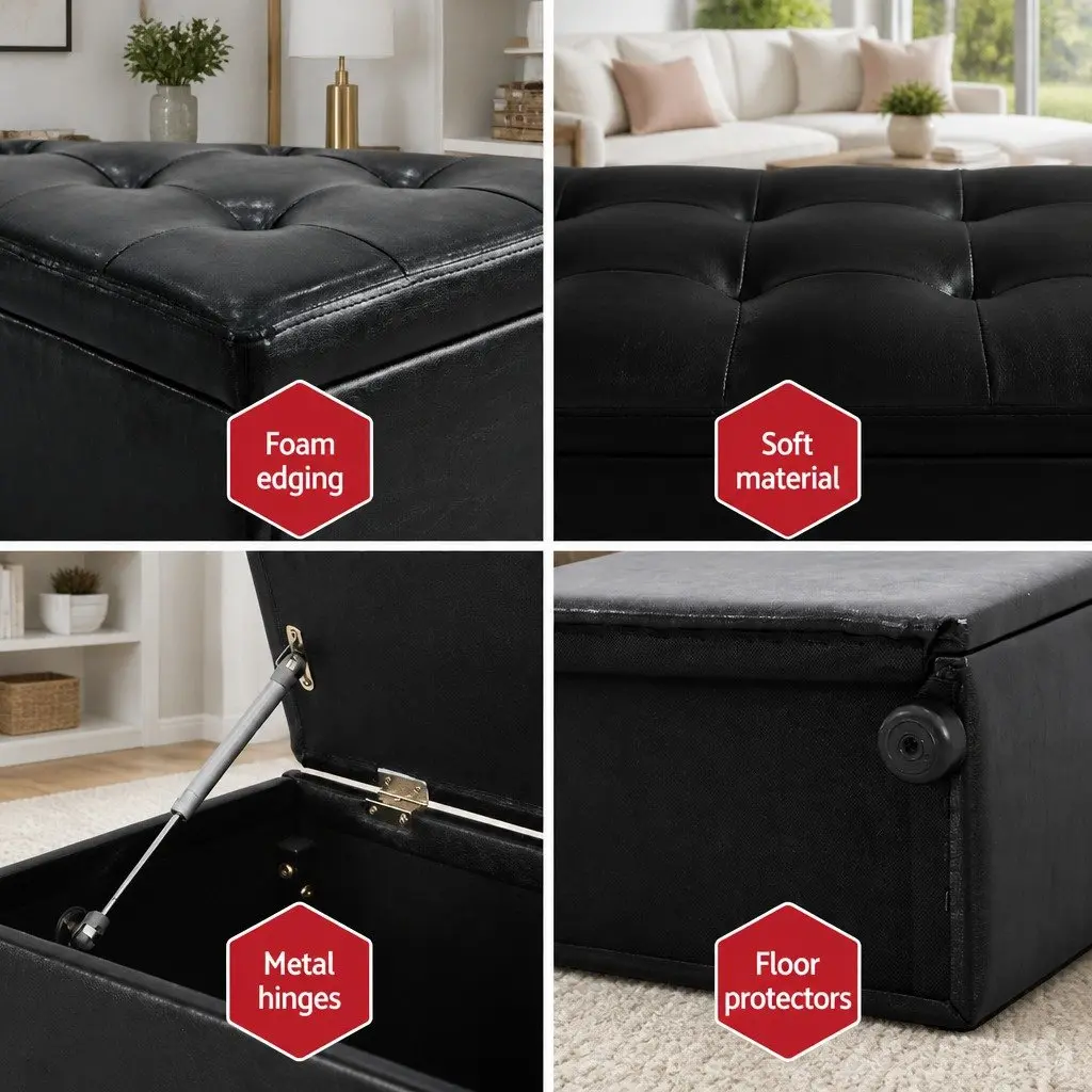Storage Ottoman Living Room 140cm Black Faux Leather Lift-Up Lid Footstool