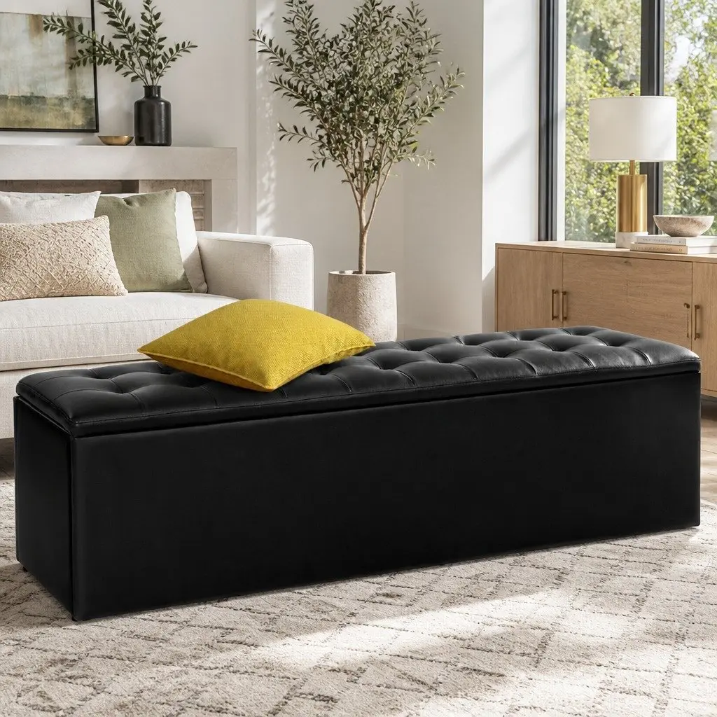 Storage Ottoman Living Room 140cm Black Faux Leather Lift-Up Lid Footstool
