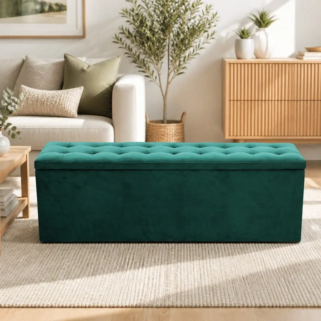 140cm Green Velvet Ottoman with Lift-Up Lid and Storage