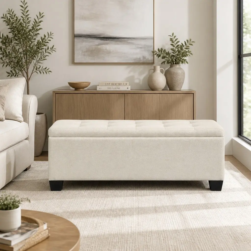 Storage Ottoman for Bedroom Living Room 97cm Beige Lift-Up Lid