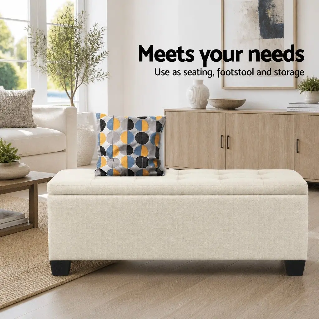 Storage Ottoman for Bedroom Living Room 97cm Beige Lift-Up Lid
